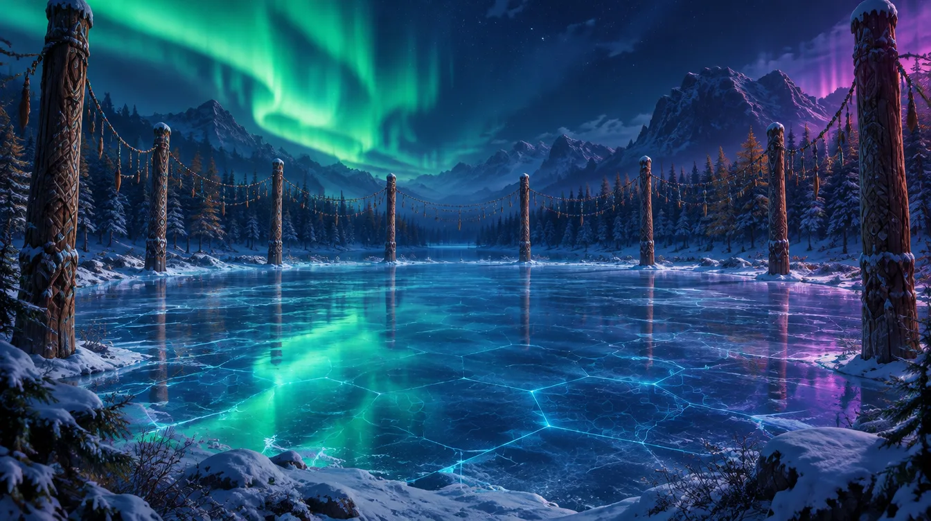 Danau beku di malam kutub, dikelilingi tiang kayu larch berukir dan untaian manik, aurora terpantul di es