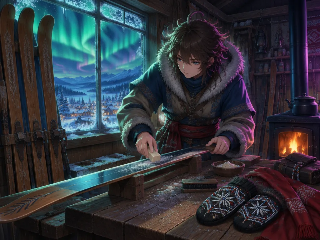 Kaarlo mengoles lilin pada ski kayu di bengkel kecil, tungku menyala di kanan, aurora terlihat dari jendela berembun