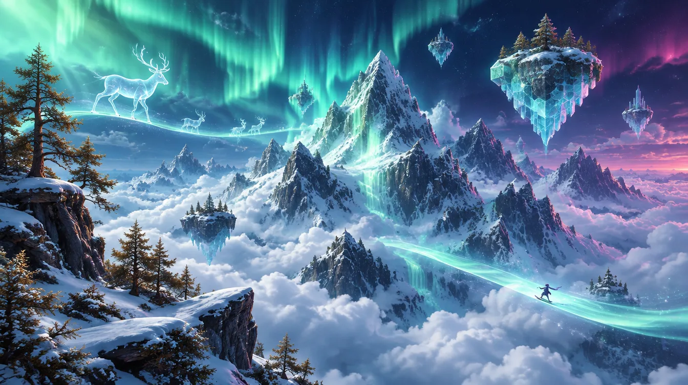 Puncak-puncak salju di atas lautan awan, aurora mengalir turun seperti air terjun cahaya, pulau kristal melayang dan rusa roh berjalan di pita cahaya
